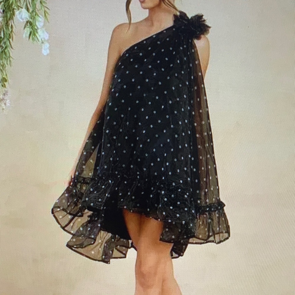 Chic Black One-Shoulder Polka Dot Dress